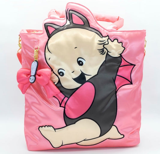 Kewpie Black Bat Puffy Tote Bag with Bow Charm