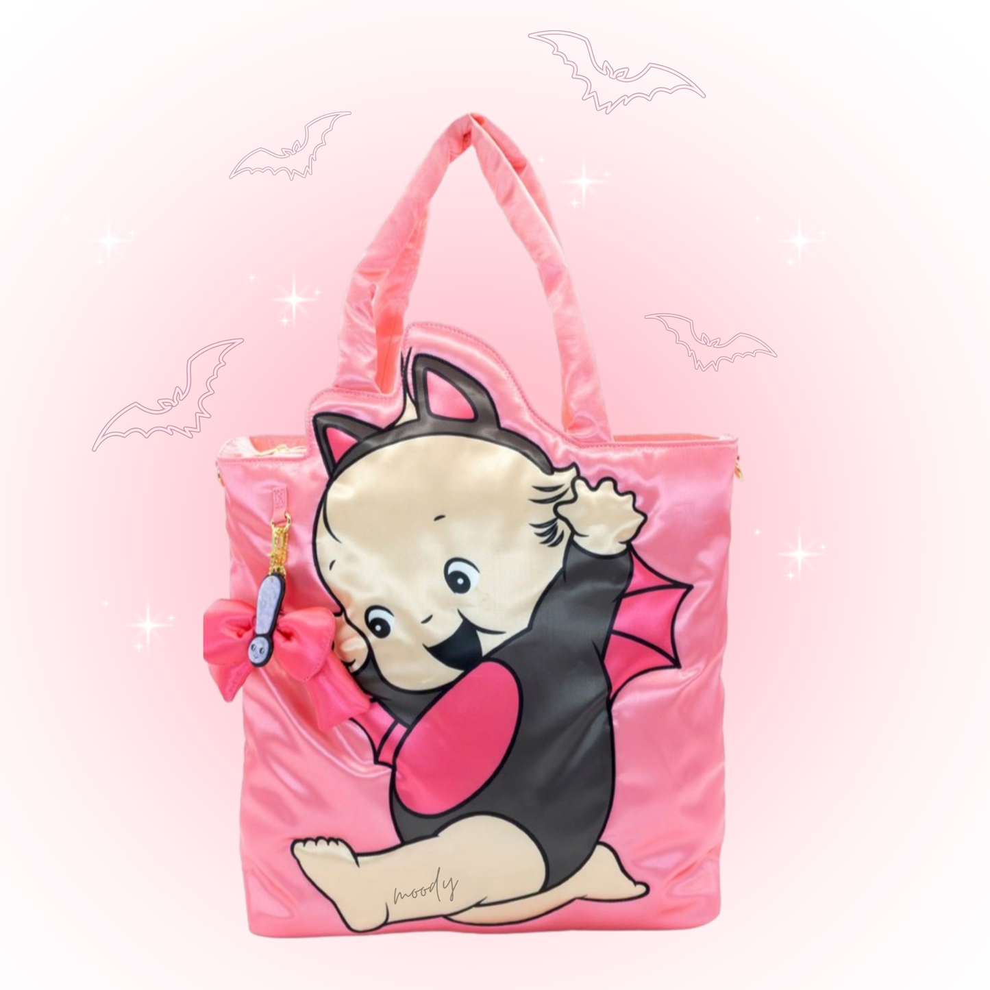Kewpie Black Bat Puffy Tote Bag with Bow Charm