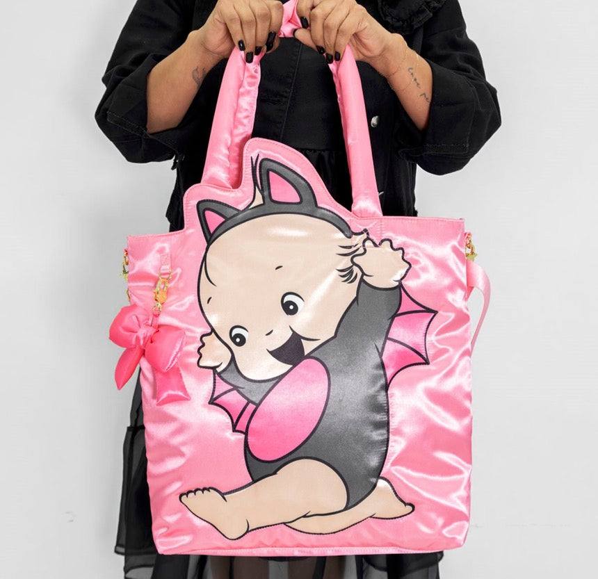 Kewpie Black Bat Puffy Tote Bag with Bow Charm