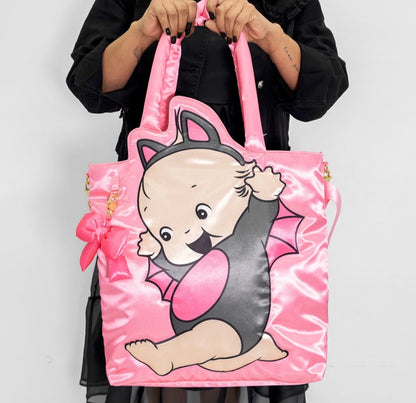 Kewpie Black Bat Puffy Tote Bag with Bow Charm